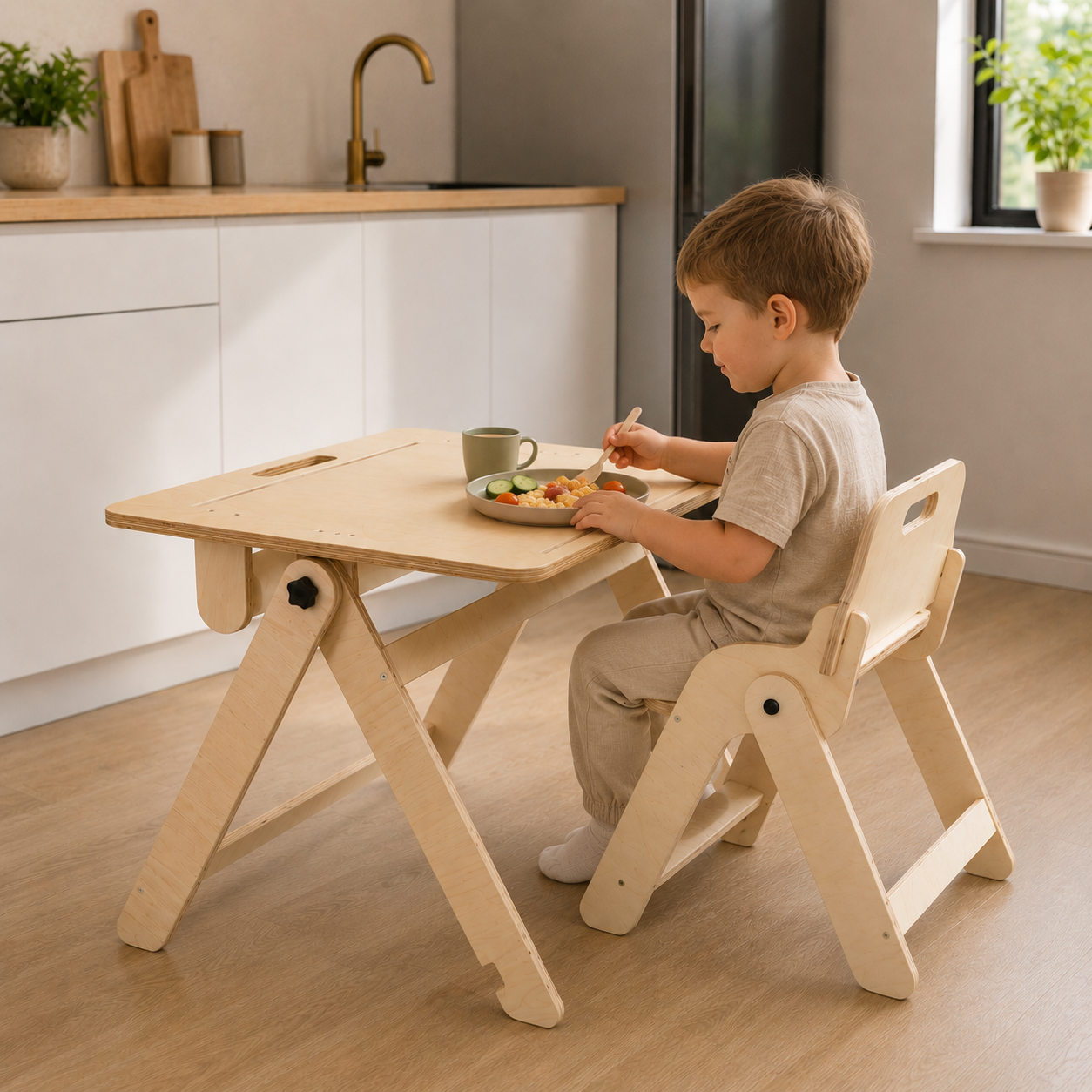 Child using a foldable kids table and chair set for snacks and mealtimes