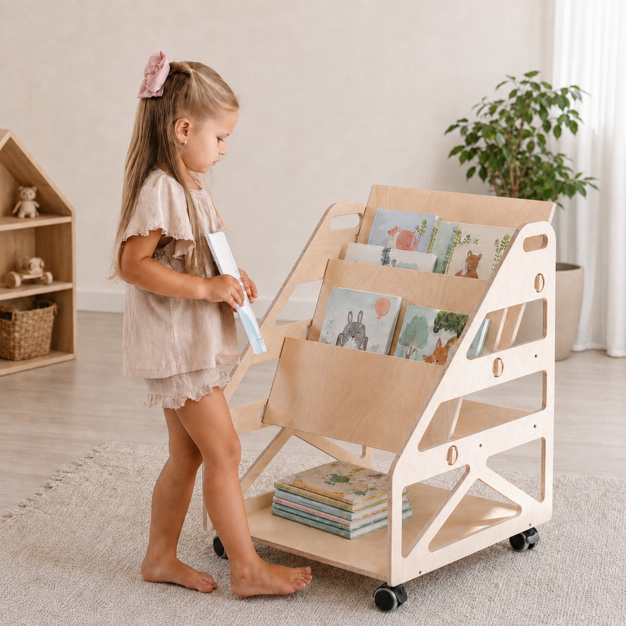 Toddler exploring books in a front-facing Montessori bookshelf