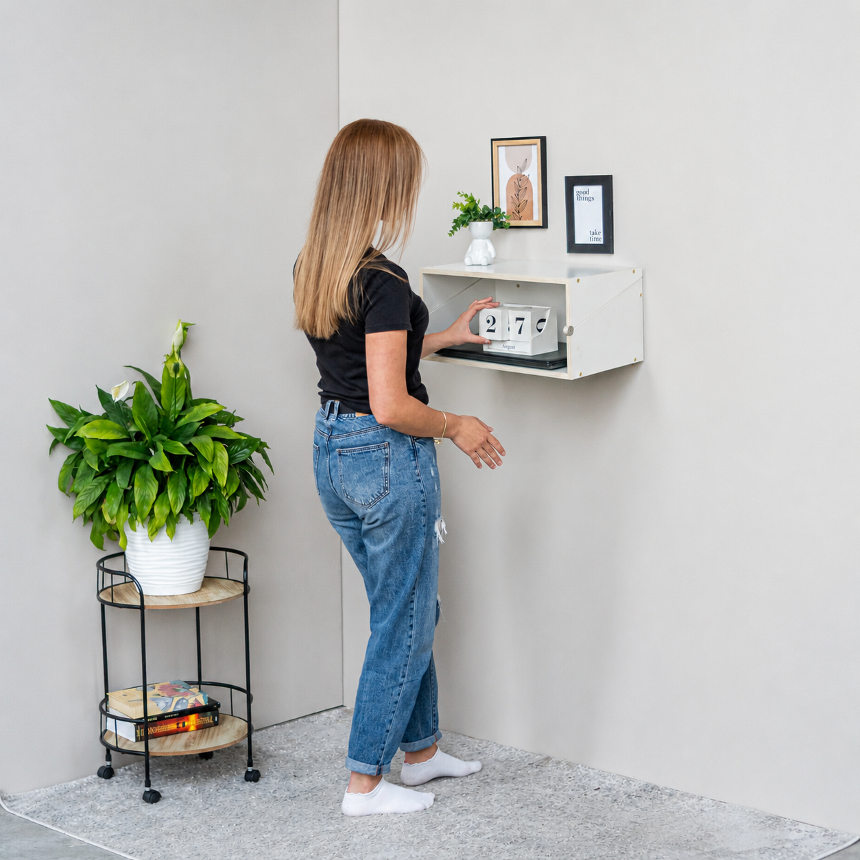 White Murphy Desk closed as a decorative floating wall shelf