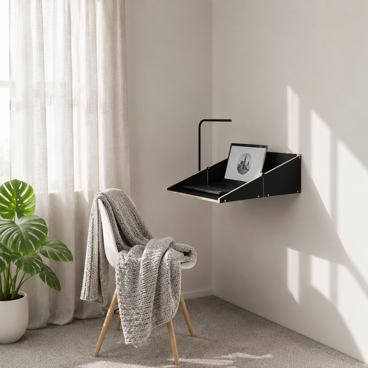 Black fold down desk mounted on the wall for compact workspaces