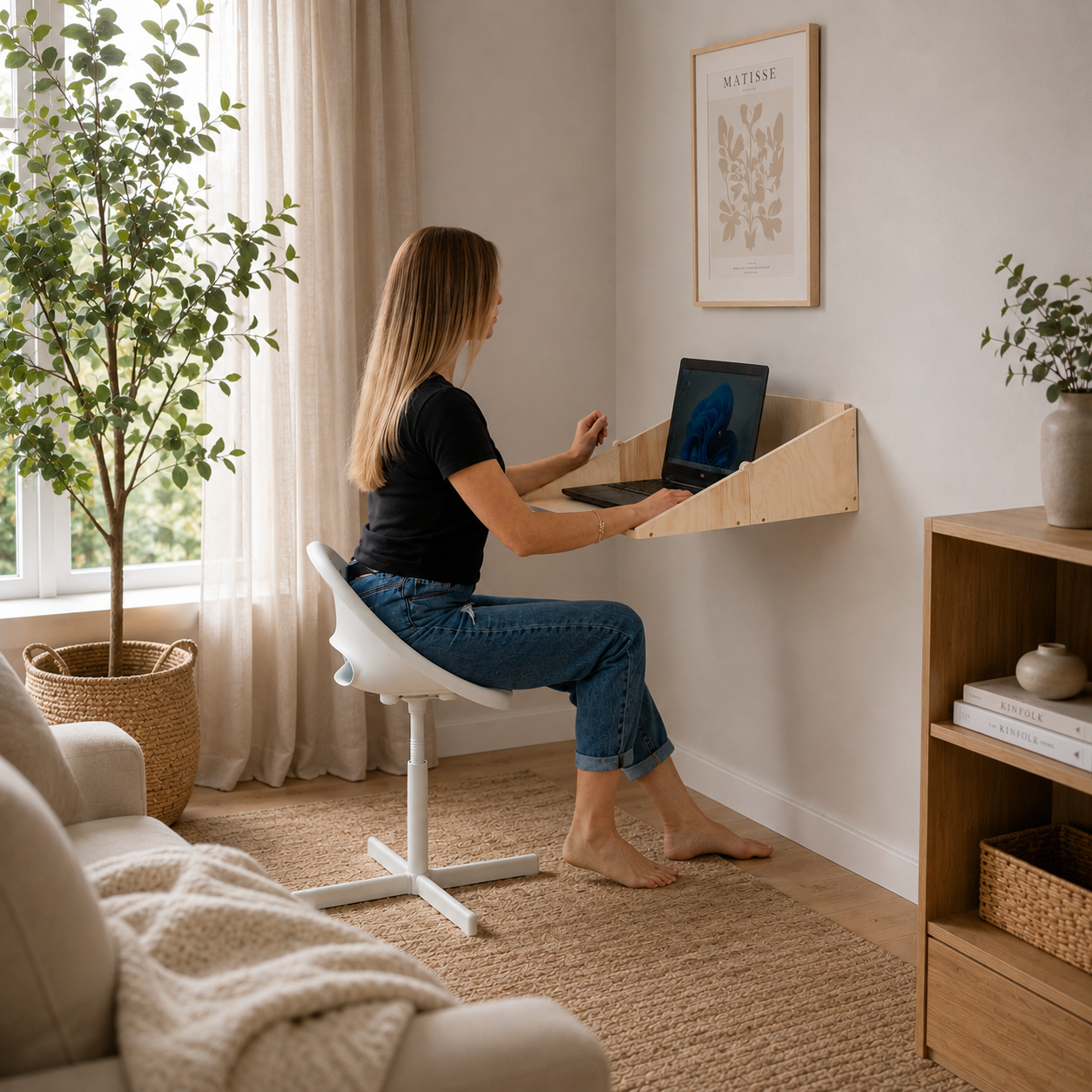 Modern home office with natural wood floating Murphy Desk