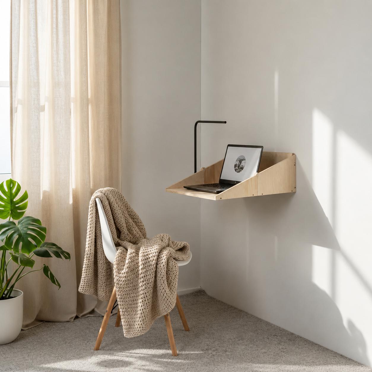 Space saving wall mounted desk in natural wood finish