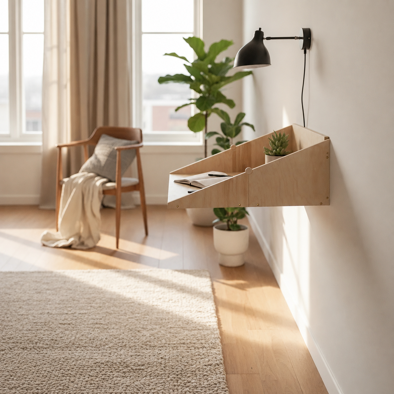 Natural wood Murphy Desk in Scandinavian home office interior