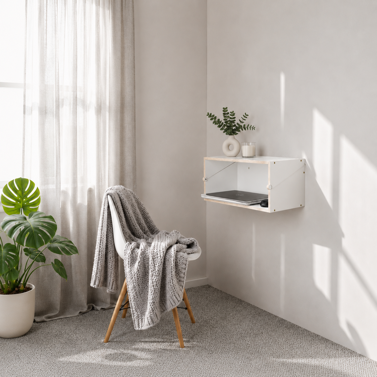 White wall mounted folding desk in modern Scandinavian home office