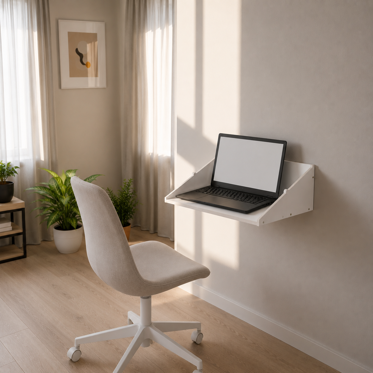 White fold down desk creating a compact home office workspace