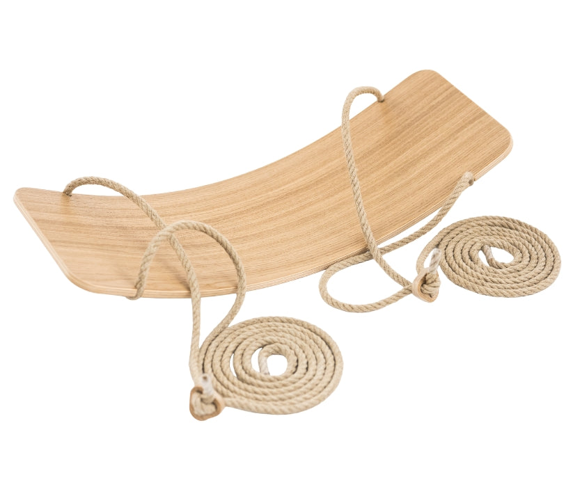 Wooden balance board swing with rope attachment