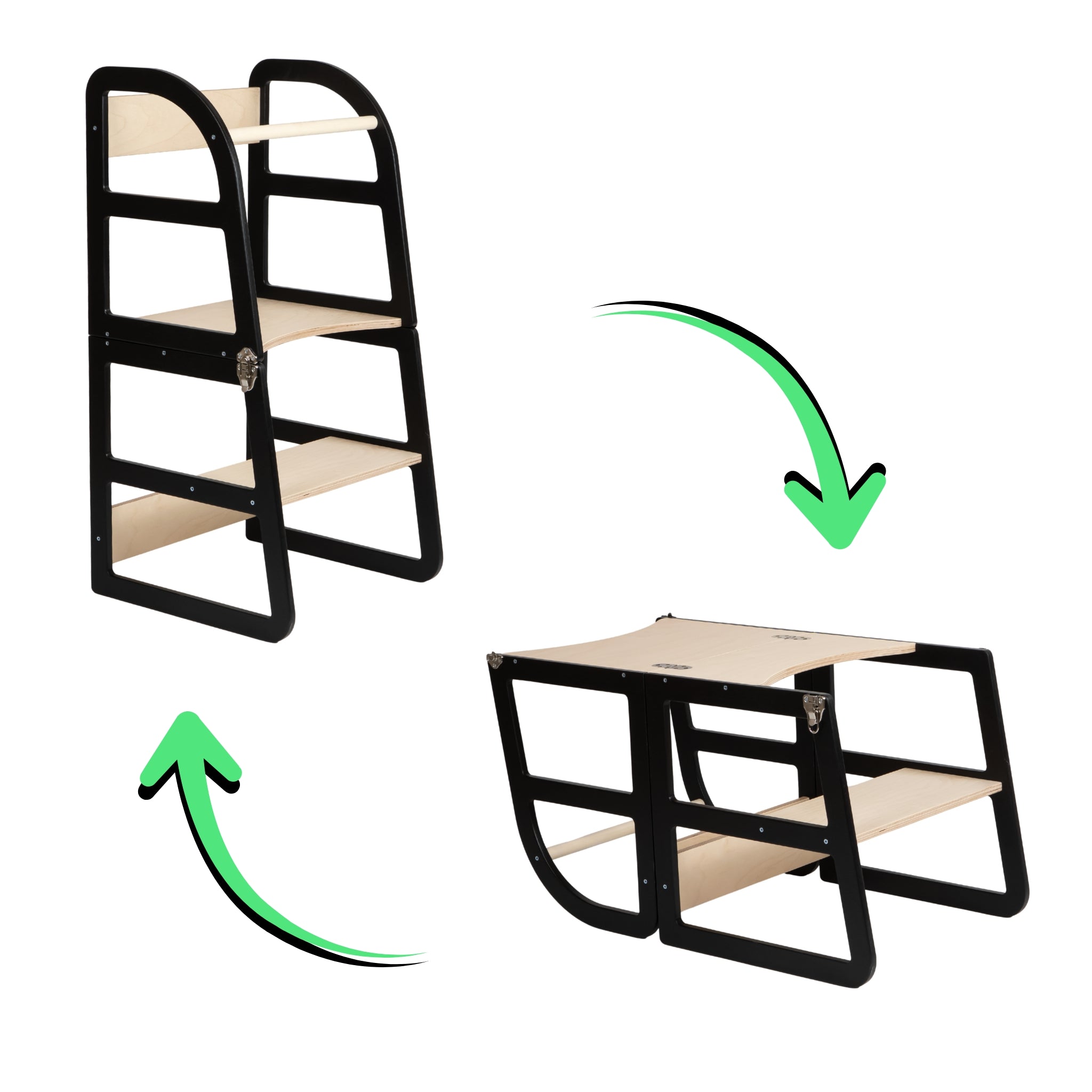 Black transformable kitchen tower transforming into a table and chair setup