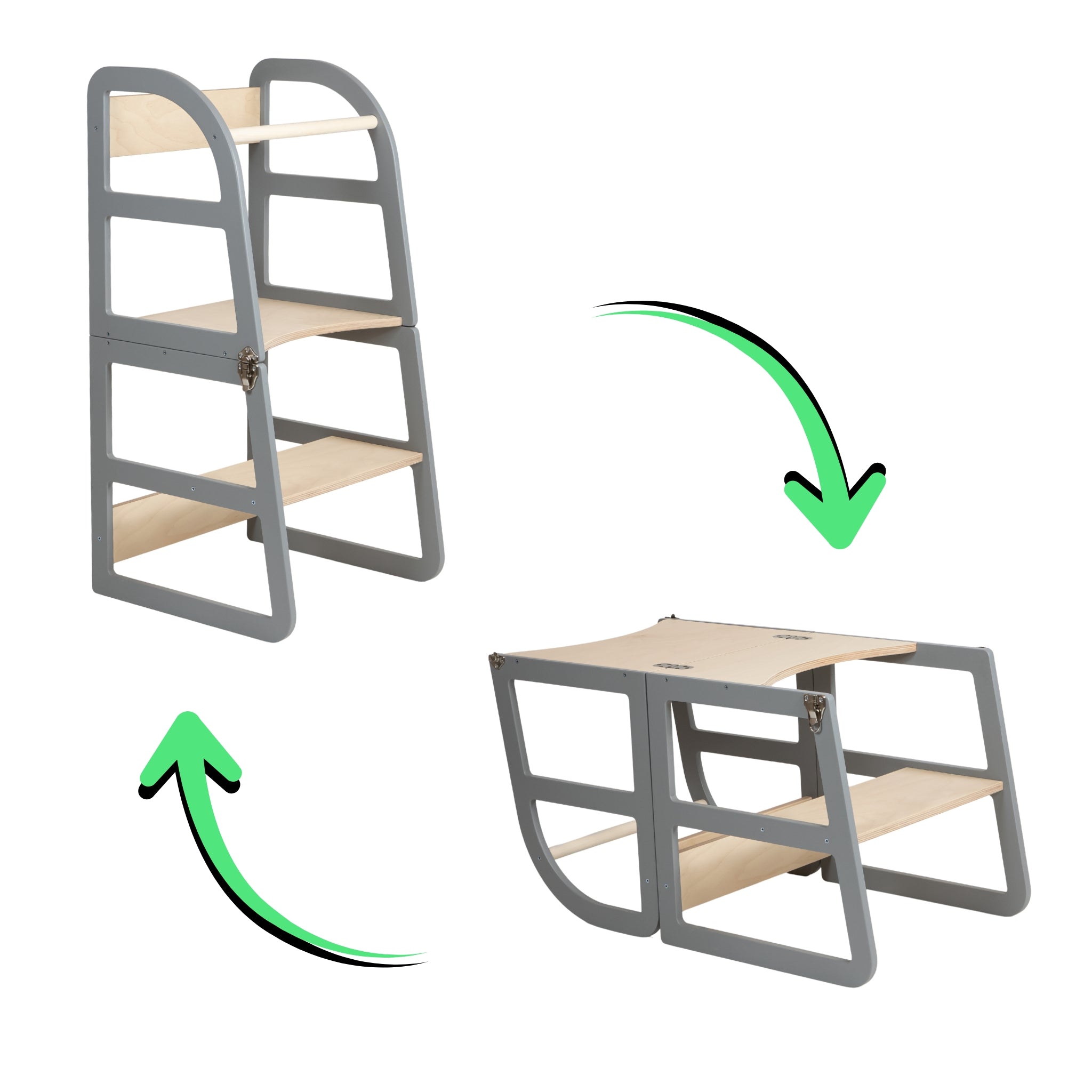 Grey transformable kitchen tower shown switching into a table and chair set.