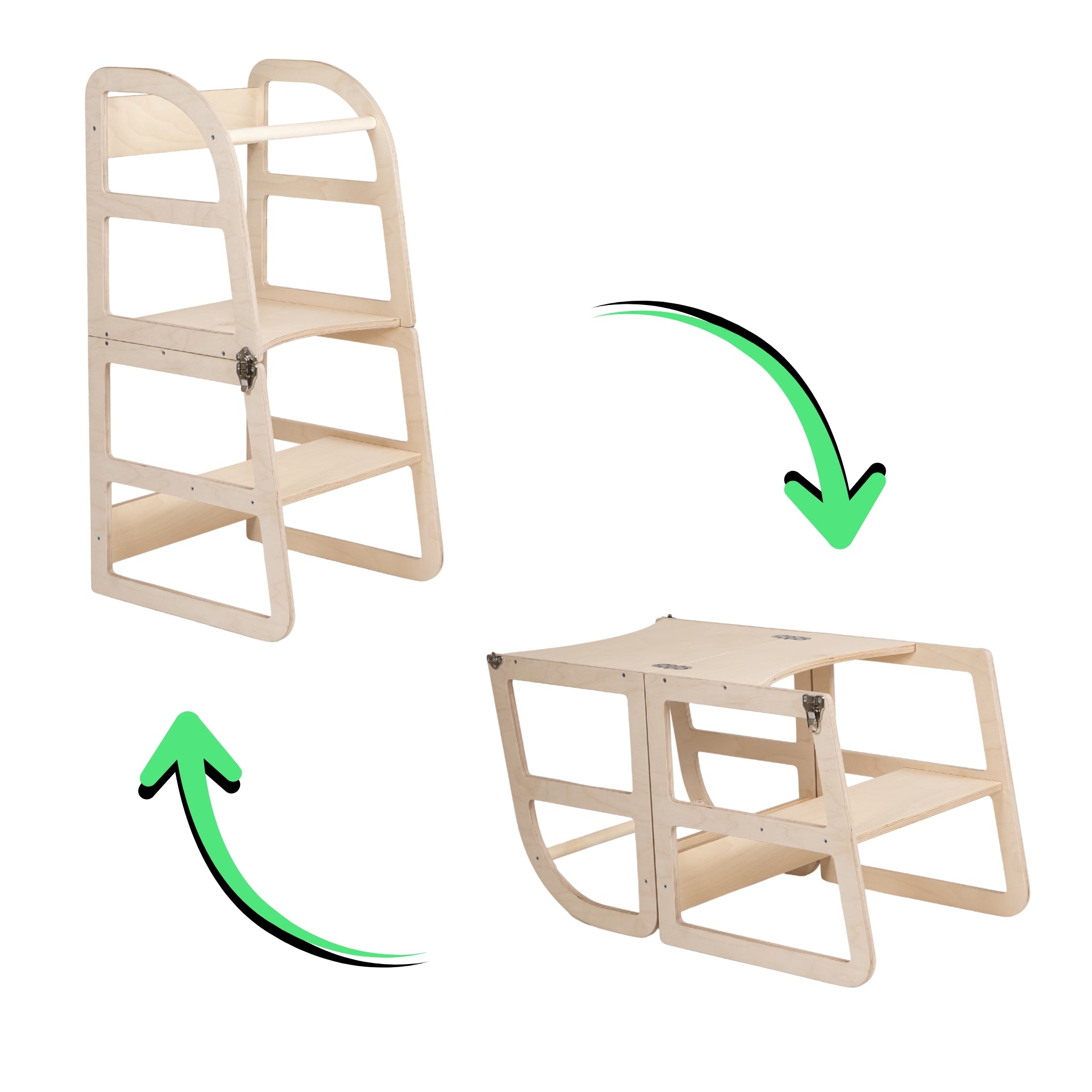 Transformable kitchen tower converting into a toddler table and chair , natural wood color.