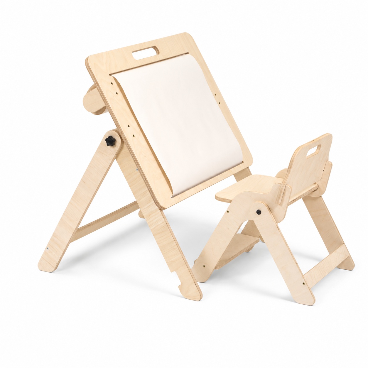 Upright kids drawing board with a matching foldable chair on a white background