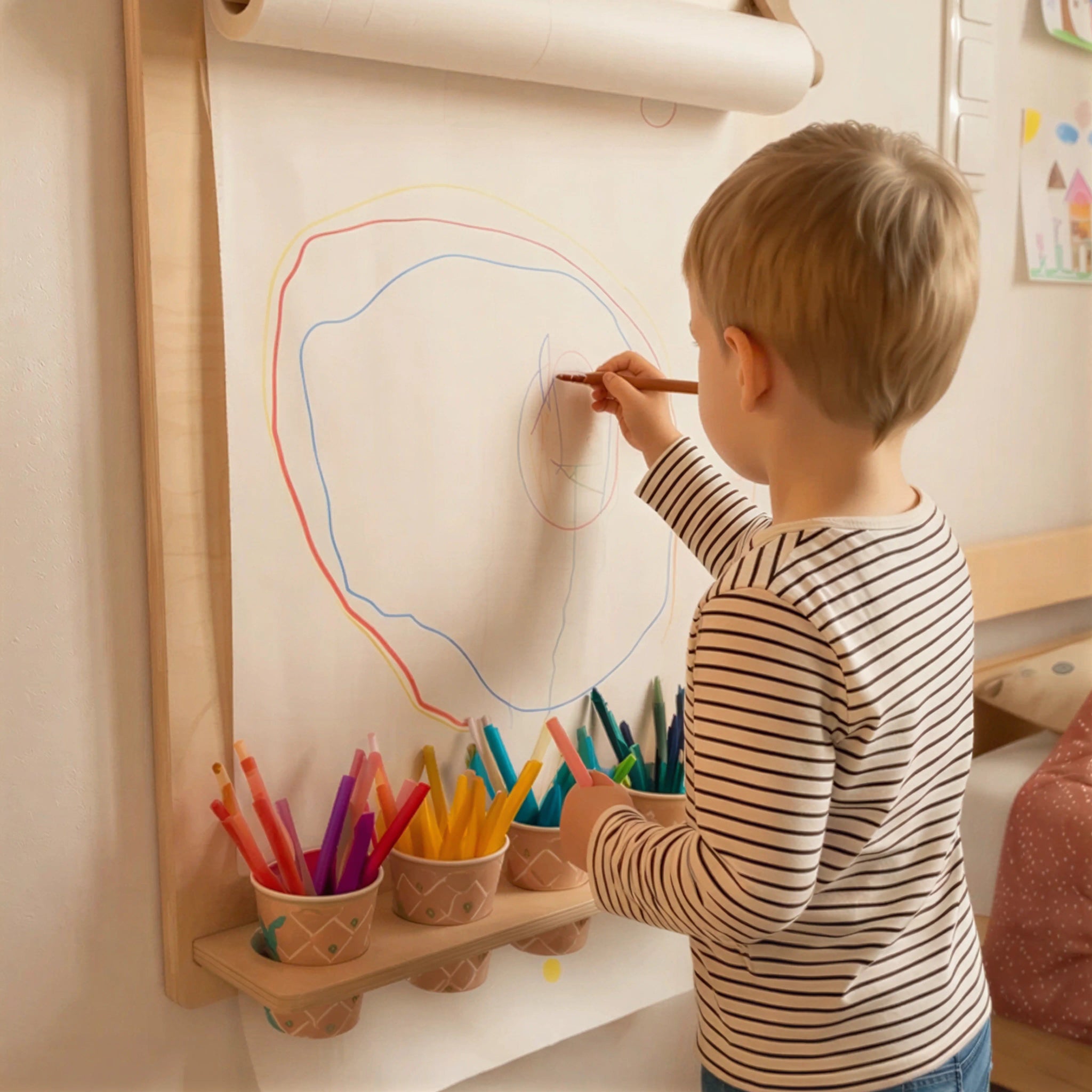 Kids art station with wall-mounted drawing board and colorful pencil holder cups in use