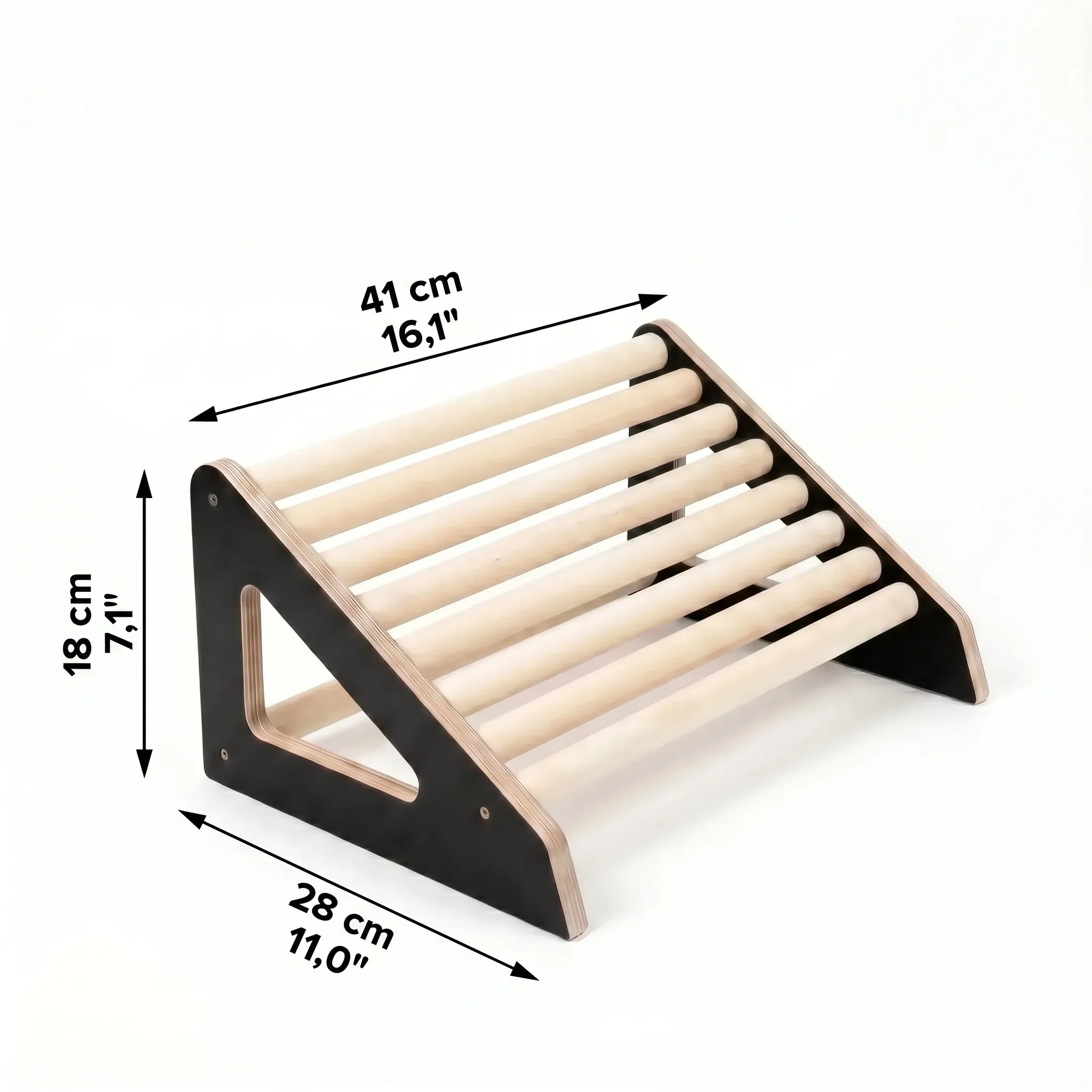 Front view of ergonomic wooden footrest roller and dimensions shown