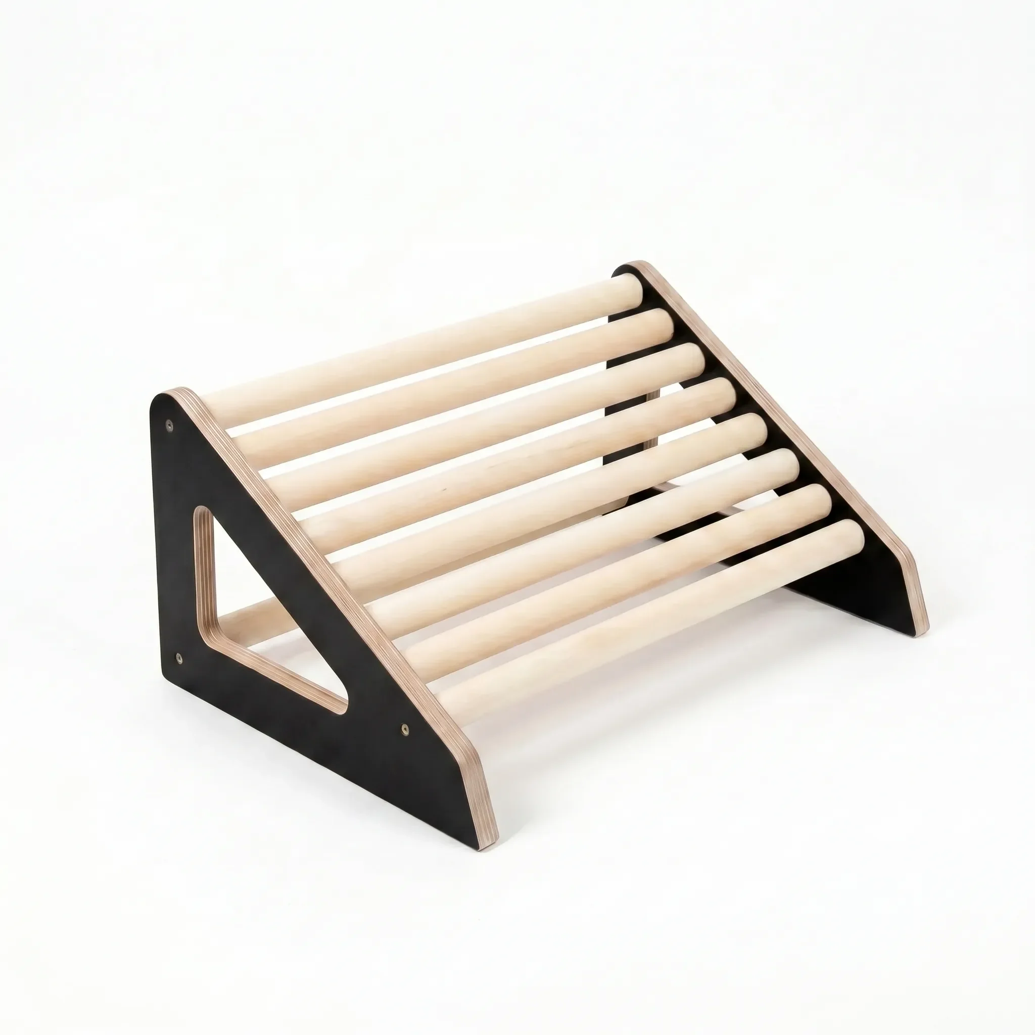 Black and natural wood footrest roller for home office and workspace ergonomics