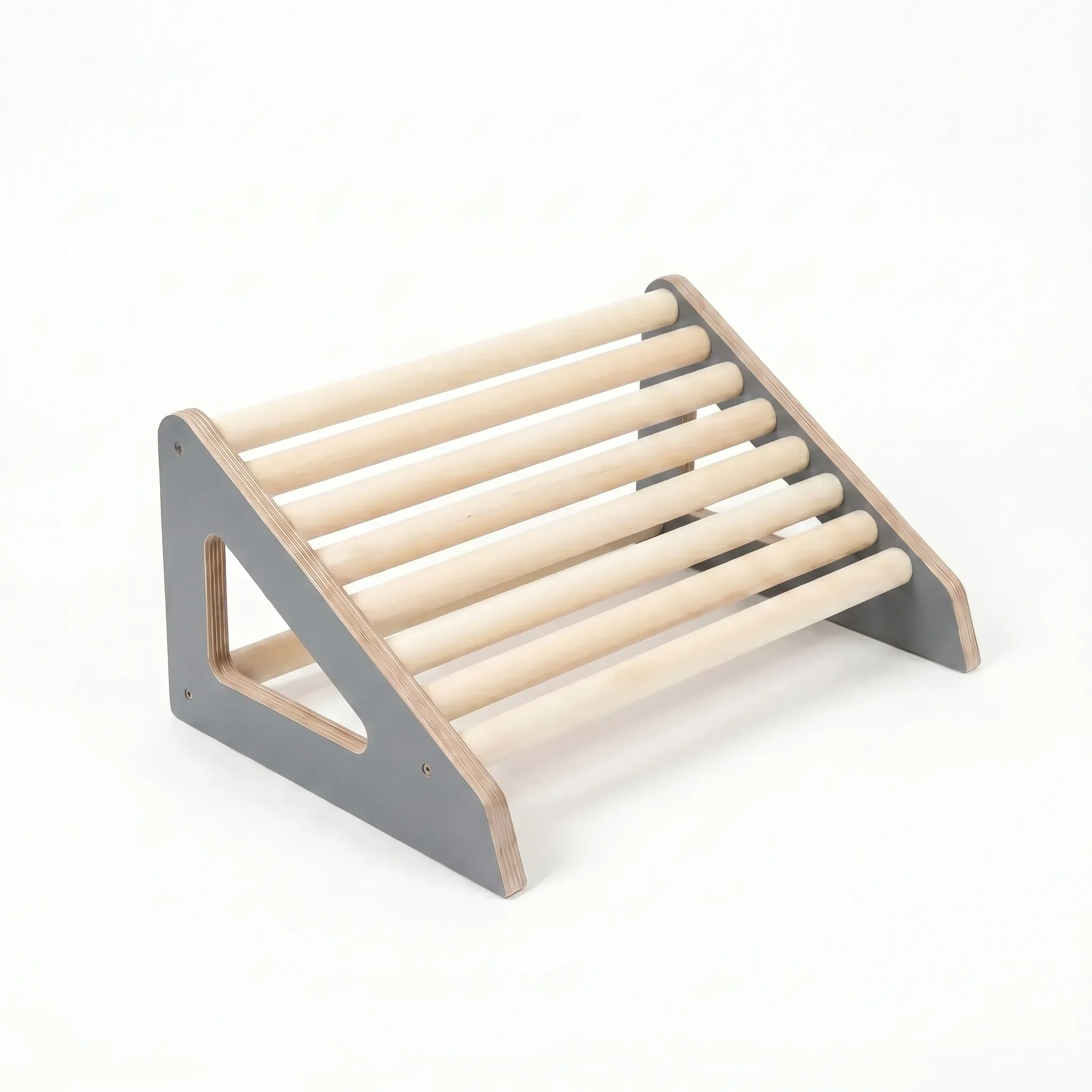 Wooden footrest roller with grey side panels for ergonomic under desk comfort