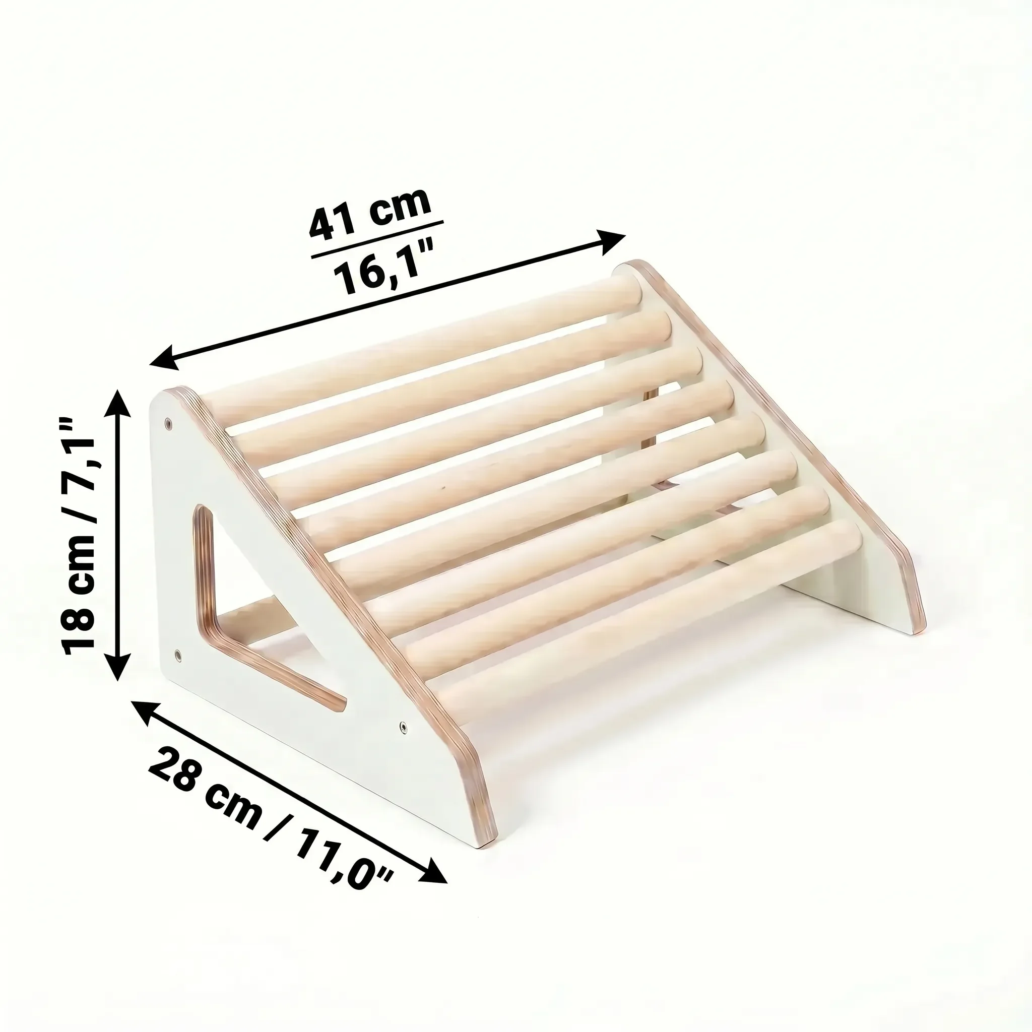 Side profile of white wood footrest roller dimensions